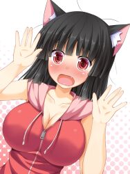  animal_ears asa_no_ha_(awayuki) black_hair blush breasts cat_ears cleavage collarbone commentary_request female large_breasts medium_hair oerba_yun_fang open_mouth original photoshop_(medium) red_eyes solo 