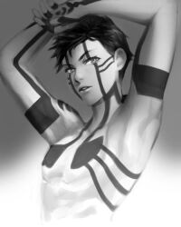  1boy armpits arms_up commentary_request demi-fiend eyelashes gradient_background greyscale hands_on_own_head looking_at_viewer magatsumagic male_focus monochrome nude parted_lips shin_megami_tensei shin_megami_tensei_iii:_nocturne solo tattoo upper_body 