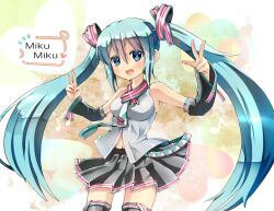  :d aqua_eyes aqua_hair bare_shoulders black_thighhighs blush character_name commentary_request detached_sleeves double_v female hatsune_miku heart long_hair necktie open_mouth skirt smile solo thighhighs twintails unomi v very_long_hair vocaloid 