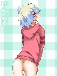  aged_down ass checkered_background commentary_request cross-shaped_pupils female hood hoodie looking_back multicolored_hair nia_teppelin panties photoshop_(medium) red_hoodie short_hair solo symbol-shaped_pupils tengen_toppa_gurren_lagann two-tone_hair underwear yukimitsuki 