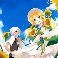  1boy :d blonde_hair commentary_request dress eien_no_shounen female flower green_eyes hand_on_own_hip hat hat_ribbon long_hair lost-ko lost_(sound_horizon) mca_(dessert_candy) open_mouth photoshop_(medium) purple_eyes ribbon smile sound_horizon sun_hat sundress sunflower white_hair 