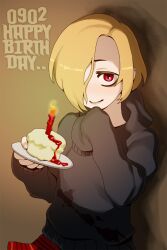  bags_under_eyes blonde_hair cake candle ear_piercing earring earrings english female food hair_over_one_eye happy_birthday highres idolmaster idolmaster_cinderella_girls jewelry kuroshin no_nose open_mouth pale_skin piercing pleated_skirt red_eyes shirasaka_koume short_hair skirt sleeves_past_wrists smile sweater 