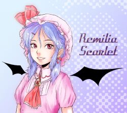  alternate_hair_length alternate_hairstyle bat_wings brooch character_name commentary_request earrings female hair_ornament hairpin hat jewelry long_hair oerba_yun_fang pointy_ears purple_hair red_eyes remilia_scarlet shibe362 smile solo touhou upper_body wings 