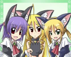  3girls animal_ears blonde_hair blush cat_ears cat_paws drill_hair green_eyes hayate_no_gotoku! long_hair maid multiple_girls paws purple_hair red_eyes reverse_(artist) sanzen&#039;in_nagi sanzenin_nagi segawa_izumi tennousu_athena twintails 