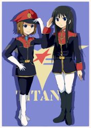  2girls akiyama_mio black_eyes black_hair blush brown_hair commentary_request gundam highres hime_cut k-on! long_hair looking_at_viewer multiple_girls parody short_hair smile tainaka_ritsu thighhighs titan_uniform tyranu uniform 