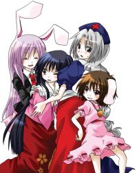  4girls ^_^ animal_ears black_hair blue_eyes brown_eyes brown_hair closed_eyes commentary_request dress_shirt grey_hair grin hat houraisan_kaguya inaba_tewi light_purple_hair long_hair multiple_girls necktie one_eye_closed rabbit_ears red_eyes reisen_udongein_inaba shirt short_hair skirt smile touhou unya very_long_hair yagokoro_eirin 