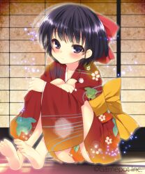  barefoot black_hair blush commentary_request dancho_(dancyo) female japanese_clothes original purple_eyes short_hair sitting solo watermark 