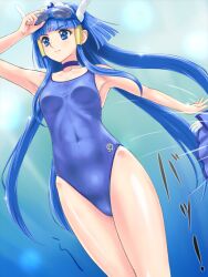  aoki_reika armpits blue_eyes blue_hair blue_theme choker commentary_request cure_beauty female goggles goggles_on_head hair_tubes head_wings highres long_hair looking_away one-piece_swimsuit precure rasukaru smile_precure solo swimsuit tiara very_long_hair wings 