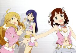  3girls :d ;d absurdres ahoge akai_toshifumi amami_haruka belly_chain blonde_hair blue_hair breasts brown_eyes brown_hair cleavage green_eyes highres hoshii_miki idolmaster idolmaster_(classic) jewelry kisaragi_chihaya long_hair midriff multiple_girls navel official_art one_eye_closed open_mouth outstretched_arm outstretched_hand pants pink_diamond_765_(idolmaster) scan short_hair skirt small_breasts smile 