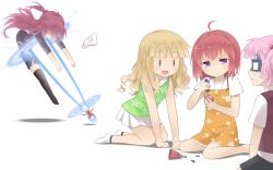  4girls :&lt; :d ahoge akaza_akane akaza_akari blonde_hair casual commentary_request detached_hair energy_beam goribote multiple_girls oomuro_sakurako open_mouth panties pink_hair print_panties purple_eyes red_hair screwdriver short_hair smile thighhighs turn_pale underwear unworn_panties weapon white_panties yoshikawa_chinatsu yuru_yuri |_| 