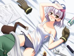  black_panties blueprint_(object) blush brown_eyes clothes_pull commentary_request female gloves god_eater god_eater_burst goggles goggles_on_head grey_hair highres kusunoki_rikka lying no_bra on_back panties pants pants_pull photoshop_(medium) short_hair skywaker solo strap_slip tank_top underwear 