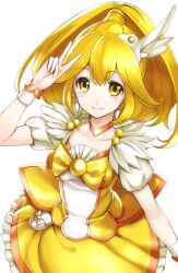  bad_id blonde_hair bow collarbone cure_peace dress female hair_flaps long_hair looking_at_viewer magical_girl photoshop_(medium) precure simple_background skirt smile smile_precure solo takemori_shintarou v white_background wrist_cuffs yayoi_kise yellow_bow yellow_eyes yellow_skirt yellow_theme 