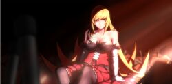  bad_id bad_pixiv_id bare_shoulders black_pantyhose blonde_hair blurry breasts cleavage dress elbow_gloves female gloves highres kiss-shot_acerola-orion_heart-under-blade kizumonogatari large_breasts lips long_hair monogatari_(series) onsen_nakaya oshino_shinobu pantyhose sitting smile solo sunlight very_long_hair white_gloves yellow_eyes 