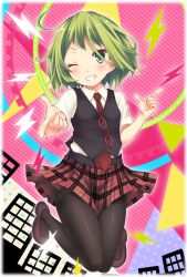  ;) blush commentary_request female glasses green_eyes green_hair grin gumi necktie one_eye_closed outline pantyhose plaid plaid_skirt ryo_(botugo) setsuna_trip_(vocaloid) short_hair skirt smile solo vocaloid 