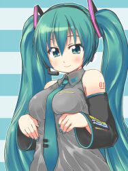  aoyagi_kakerugeki commentary_request detached_sleeves female green_eyes green_hair hatsune_miku headset long_hair necktie smile solo striped striped_background twintails vocaloid 