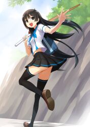  :d bag black_eyes black_hair black_thighhighs commentary commission english_commentary female kriss_sison long_hair looking_back miniskirt open_mouth original over_shoulder pleated_skirt school_bag school_uniform shinai short_sleeves skirt smile solo sword sword_over_shoulder thighhighs waving weapon weapon_over_shoulder 