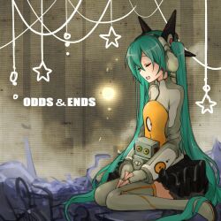  closed_eyes commentary_request female fingerless_gloves gloves green_hair hatsune_miku headphones heartbeat_(module) kirisawa_saki long_hair music odds_&amp;_ends_(vocaloid) open_mouth project_diva_(series) project_diva_f robot singing sitting skirt solo thighhighs twintails very_long_hair vocaloid 