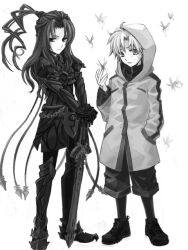  2boys aged_down armor arondight_(fate) berserker_(fate/zero) bug crest_worm fate/zero fate_(series) greyscale hands_on_hilt hood hoodie lancelot_(fate/zero) lolicon long_hair male_focus matou_kariya monochrome multiple_boys planted planted_sword ponytail rikka_(yowoko) spoilers sword tegaki weapon 