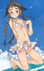  1boy androgynous bikini bikini_skirt black_hair blush braid bulge coin_rand commentary_request crossdressing eyebrows full_body kneeling long_hair male_focus navel original otoko_no_ko red_eyes sandals shigeru_(rand) smile solo swimsuit twin_braids twintails white_bikini 