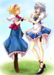  2girls alice_margatroid ascot blonde_hair blush book boots capelet commentary_request cross-laced_footwear grey_hair highres holding_hands izayoi_sakuya knee_boots lace-up_boots legs maid maid_headdress mickey_dunn multiple_girls open_mouth pantyhose petals pocket_watch short_hair touhou watch wrist_cuffs yuri 