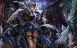  armor edenfox feathers gray_hair green_eyes long_hair tagme_(character) weapon wings 