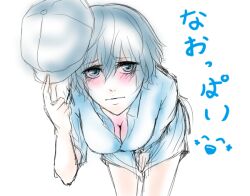  bad_id bad_pixiv_id bent_over blue_eyes blue_hair blush breasts cabbie_hat cleavage collared_shirt crossdressing female hat lips looking_at_viewer pean_(mizuki613) persona persona_4 shirogane_naoto shirt short_hair solo 