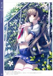  absurdres against_fence bag blunt_bangs blush brown_eyes brown_hair chain-link_fence clothes_lift female fence flower glasses highres letter long_hair love_letter m.t.w. midriff navel necktie original pleated_skirt riv_(rivleaf) school_uniform scrunchie serafuku shoulder_bag skirt skirt_lift solo thighhighs twintails white_thighhighs wind wind_lift 