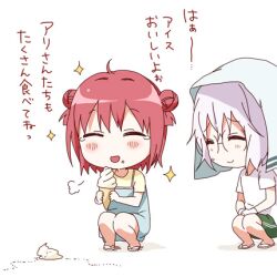  2girls :d ^_^ akaza_akari ant blush bug casual closed_eyes double_bun food food_on_face glasses gym_shorts hair_bun ice_cream ice_cream_cone ice_cream_on_face ikeda_chitose lowres multiple_girls namori open_mouth photoshop_(medium) red_hair short_hair shorts smile sparkle spill squatting tears translated yuru_yuri 