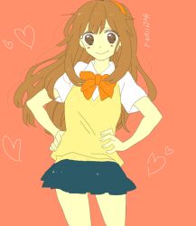  aguu948 bad_id bad_pixiv_id blue_skirt brown_eyes brown_hair female hairband hand_on_own_hip inazuma_eleven_(series) inazuma_eleven_go inazuma_eleven_go_chrono_stone long_hair nanobana_kinako orange_hairband raimon raimon_school_uniform school_uniform skirt smile sweater_vest 