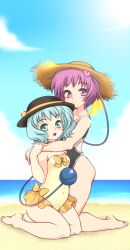  2girls bare_shoulders beach casual_one-piece_swimsuit cloud commentary_request competition_swimsuit day green_eyes green_hair hat heart hug komeiji_koishi komeiji_satori kotomi_(happy_colors) long_hair multiple_girls one-piece_swimsuit open_mouth outdoors pink_eyes pink_hair ribbon sand short_hair siblings sisters skirt smile straw_hat sun sun_hat swimsuit third_eye touhou water 