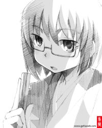  commentary_request expressionless female folded_fan folding_fan glasses gofu greyscale hand_fan japanese_clothes joshiraku kimono kuurubiyuutei_gankyou monochrome open_mouth semi-rimless_eyewear short_hair solo spot_color traditional_media under-rim_eyewear 