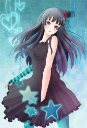  akiyama_mio aqua_pantyhose bad_id bad_pixiv_id black_eyes black_hair blunt_bangs don&#039;t_say_&quot;lazy&quot; female fingerless_gloves gloves hat k-on! long_hair mini_hat mini_top_hat nobody_studios pantyhose single_glove solo striped top_hat 