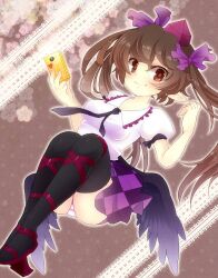  bad_id bad_pixiv_id bird_wings black_thighhighs blush brown_eyes brown_hair cellphone collarbone female hat heart himekaidou_hatate mofuaki panties phone pointy_ears puffy_sleeves short_sleeves smile solo striped_clothes striped_panties thighhighs tokin_hat touhou twintails underwear wings 