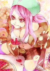  akizuki_hakuto anti-eyebrow_piercing breasts brown_shorts cleavage commentary_request doughnut eating female food food_on_face full_mouth hat jewelry_bonney large_breasts lipstick long_hair makeup midriff navel one_piece pie pink_eyes pink_hair shorts solo thighhighs 