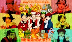  6+boys backwards_hat bad_id bad_pixiv_id baseball_cap beret brendan_(pokemon) brown_hair bulbasaur charmander chikorita chimchar coat commentary_request copyright_name cyndaquil dual_persona english_text ethan_(pokemon) fingerless_gloves glasses gloves green_eyes hat highres hug jacket lucas_(pokemon) mudkip multiple_boys on_shoulder open_mouth pikachu piplup pokemon pokemon_(creature) pokemon_dppt pokemon_emerald pokemon_frlg pokemon_gsc pokemon_hgss pokemon_on_shoulder pokemon_platinum pokemon_rgby pokemon_rse red_(pokemon) red_eyes smile squirtle starter_pokemon_trio torchic totodile treecko turtwig v white_hair winter_clothes yellow_eyes yorozuame 