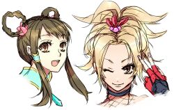  2girls ;) bad_id bad_pixiv_id blonde_hair brown_eyes brown_hair choker fingerless_gloves fishnets flower gloves hair_flower hair_ornament hair_rings hair_tubes hair_up multiple_girls nail_polish natsu_(soulcalibur) one_eye_closed open_mouth sidelocks smile soulcalibur soulcalibur_v t_rooibos updo upper_body v_over_eye vambraces yan_leixia 