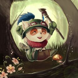  1boy ^_^ animal_ears bad_id bad_pixiv_id belt blowgun closed_eyes flower fur gloves goggles goggles_on_head hat league_of_legends male_focus map mushroom scroll sibin signature solo teemo tree 