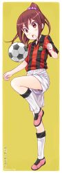  :o ball blush brown_eyes brown_hair female focke_wulf ginga_e_kickoff!! highres leg_up ponytail shorts simple_background soccer_ball soccer_uniform solo sportswear takatoo_erika telstar watermark web_address white_shorts yellow_background 