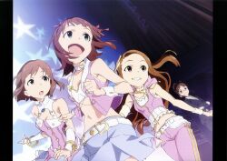  4girls absurdres akizuki_ritsuko amami_haruka belt brown_eyes brown_hair chikaoka_sunao choker forehead glasses hagiwara_yukiho happy heart highres idolmaster idolmaster_(classic) jewelry long_hair minase_iori multiple_girls official_art pants pink_diamond_765_(idolmaster) pink_pants red_eyes scan short_hair smile star_(symbol) twintails 