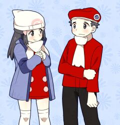  1boy alternate_costume bad_id bad_pixiv_id beanie beret black_hair blush borrowed_clothes coat commentary_request cosplay couple dawn_(pokemon) dawn_(pokemon)_(cosplay) dress female hat long_hair lucas_(pokemon) lucas_(pokemon)_(cosplay) pokemon pokemon_dppt pokemon_platinum pumpkinpan scarf shy smile straight thighhighs white_scarf winter_clothes 