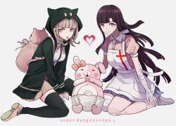  apron backpack bad_id bad_pixiv_id bag bandages banned_artist danganronpa hair_ornament hairclip harano hood hoodie mole mole_under_eye monomi_(danganronpa) multiple_girls nanami_chiaki necktie nurse open_mouth pink_eyes pink_hair school_uniform super_danganronpa_2 thighhighs tsumiki_mikan 