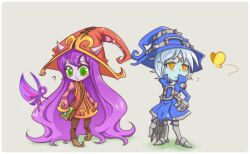  1boy ? bad_id bad_pixiv_id bag blue_skin bug butterfly colored_skin commentary_request fairy female gauntlets green_eyes hat league_of_legends long_hair lulu_(league_of_legends) photoshop_(medium) pix_(league_of_legends) pointy_ears purple_hair purple_skin scar veigar white_hair yan531 yellow_eyes 