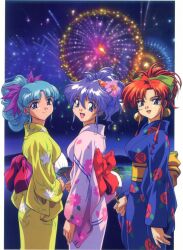  3girls aerial_fireworks alternate_hairstyle artist_request blue_eyes blue_hair blue_kimono bow dancing_blade fireworks floral_print flower hair_flower hair_ornament hairbow hand_fan highres japanese_clothes kijime_(dancing_blade) kimono looking_back momohime_(dancing_blade) multiple_girls official_art oinu_(dancing_blade) orange_hair paper_fan pink_bow pink_kimono print_kimono purple_eyes purple_hair scan short_hair smile uchiwa updo yellow_kimono yukata 