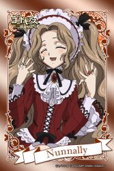  artist_request bow brooch brown_hair closed_eyes code_geass cross-laced_clothes dress female frills headdress jewelry lace lolita_fashion long_hair nunnally_vi_britannia official_art ribbon ring smile solo 