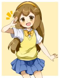  blue_skirt brown_eyes brown_hair commentary_request ebo female hairband inazuma_eleven_(series) inazuma_eleven_go inazuma_eleven_go_chrono_stone nanobana_kinako open_mouth orange_hairband pleated_skirt raimon raimon_school_uniform salute school_uniform skirt smile sweater_vest 