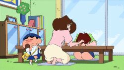  1boy 2girls angry animated animated blush chinese crayon_shin-chan dance dancing hat hatogaya_micch&auml;&laquo; hatogaya_micch? hatogaya_micchi indoors kneeling lowres mother_and_son multiple_girls nohara_misae nohara_shinnosuke school_uniform subtitle sweat 