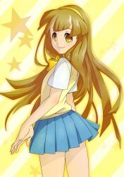  bad_id bad_pixiv_id blue_skirt brown_eyes brown_hair commentary_request female hairband inazuma_eleven_(series) inazuma_eleven_go inazuma_eleven_go_chrono_stone komame_(st_beans) long_hair nanobana_kinako pleated_skirt raimon raimon_school_uniform school_uniform skirt smile sweater_vest 