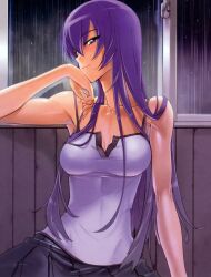  bare_shoulders blue_eyes breasts busujima_saeko camisole cleavage female fingernails head_rest highres highschool_of_the_dead long_fingernails long_hair looking_at_viewer medium_breasts photoshop_(medium) purple_hair rain satou_shouji scan skirt smile solo window 