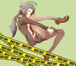  adachi_tooru ass brown_eyes brown_hair brown_pantyhose caution_tape commentary_request female formal genderswap_(mtf) gomaan_(twist) gun keep_out legs looking_at_viewer messy_hair necktie pantyhose persona persona_4 police ponytail rule_63 shoes skirt smile solo suit weapon 