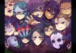  6+boys bandages blindfold burado_kiba candle commentary_request emo3ktkr furan_ken grin inazuma_eleven inazuma_eleven_(series) jiangshi jikiru_haido kinoi_mami male_focus mask multiple_boys nata_juuzou no_pupils occult oerba_yun_fang ofuda pillarboxed pointy_ears reigen_michihisa sanzu_wataru scar shikabane_fujimi smile soccer_uniform sportswear triangular_headpiece tsukimura_ken&#039;ichi yanagida_shigeru yatsuhaka_tataru yuukoku_hiroyuki 